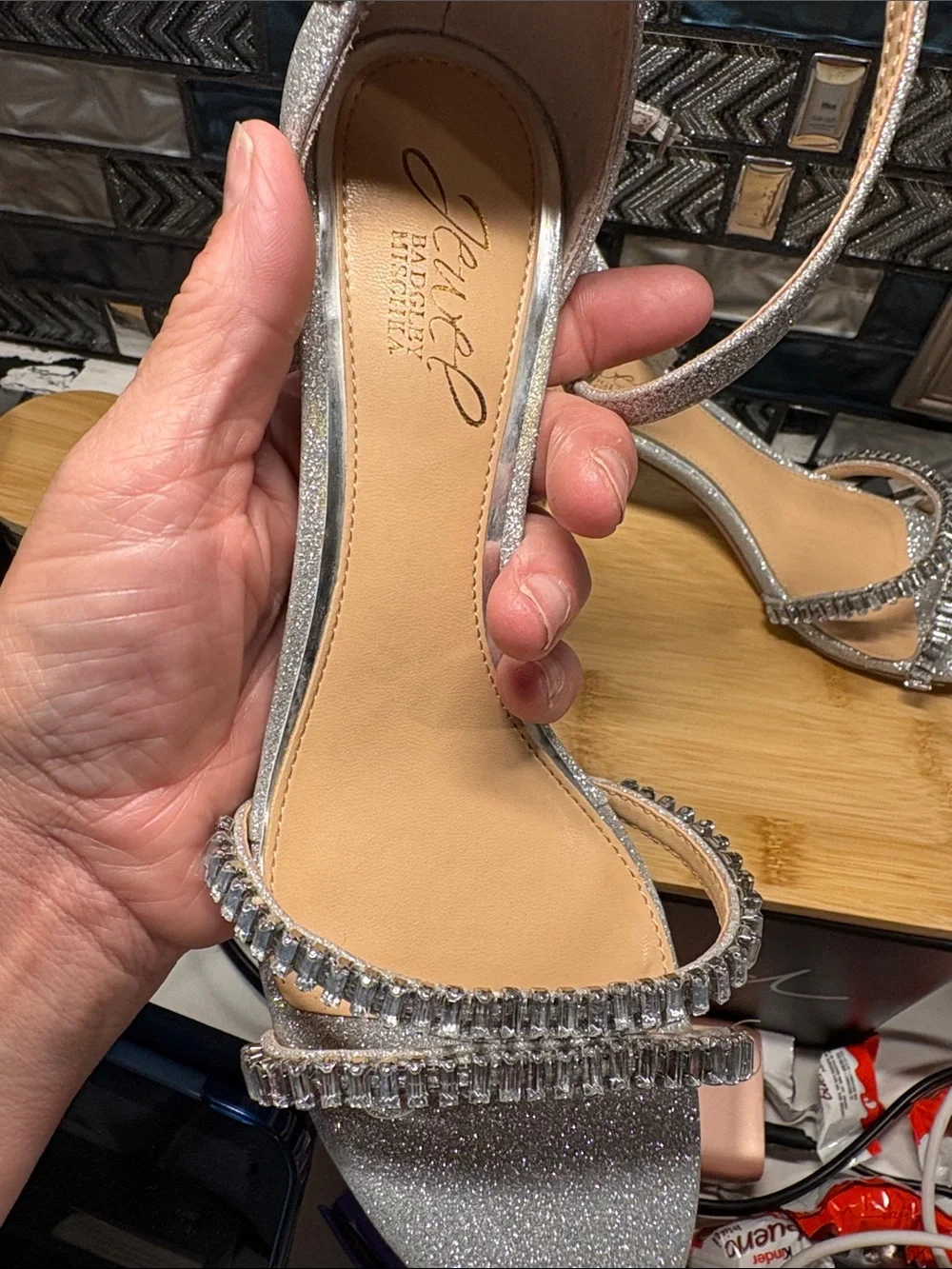 Jewel Badgley Mischka Silver Glitter Crystal-Strap Block Heel Sandals